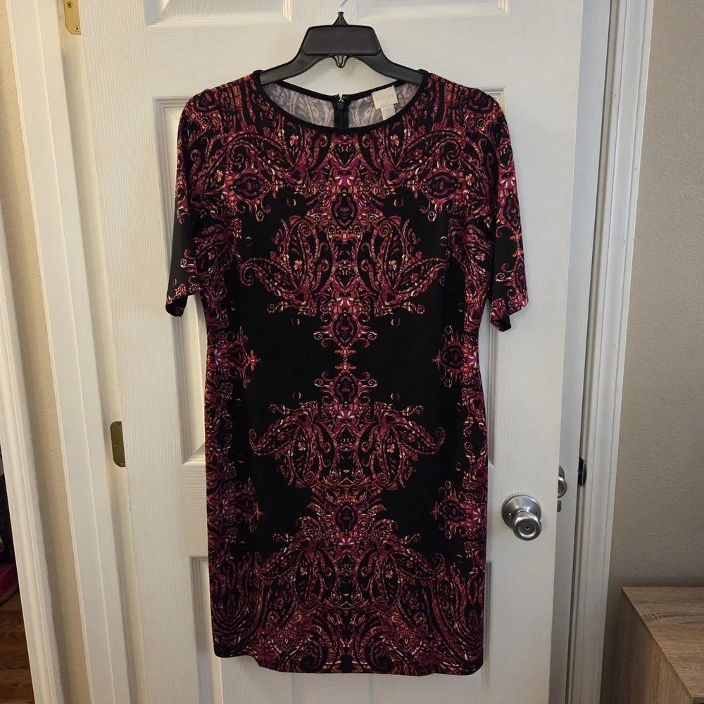 Chico's sz 2 or Large black geo print knee length‎ dress artsy chic boho career